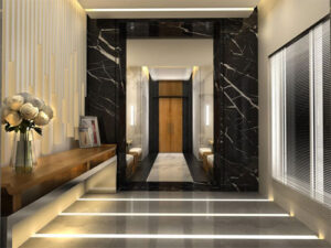 entrada de ap com Perfil com LED no chão e sanca com fita led, entrada com mesa de oares de madeira