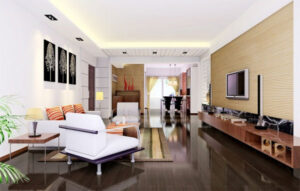 sala de estar completa iluminada com sanca e spots duplos em LED