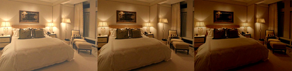 
Três fotos do mesmo quarto luxuoso mostram o efeito de um dimmer. Na primeira, a luz é clara; na segunda, média; na última, penumbra suave. O quarto tem cama grande, abajures clássicos e poltrona, criando um ambiente acolhedor em tons de bege e dourado.