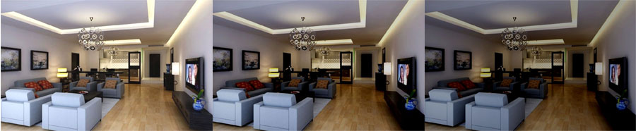 
A imagem mostra três versões de uma mesma sala de estar, lado a lado, exemplificando o efeito de um dimmer. Da esquerda para a direita, a luz diminui gradualmente: de um ambiente totalmente claro e vibrante para um clima mais escuro, suave e aconchegante.