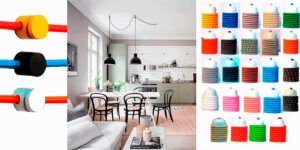 A imagem mostra acessórios de iluminação: desviadores de cabo cilíndricos, coloridos e lisos (para fixar e direcionar fios no teto) e capas de soquete (peças que cobrem a base da lâmpada), que parecem ser de tecido ou material texturizado, em muitas cores e padrões. Há também um exemplo de sala com pendentes que usam esses acessórios.