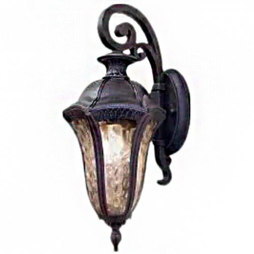 
Arandela clássica de metal preto com design colonial. Possui um suporte em arco com arabescos elegantes. O corpo é em formato de lanterna sextavada, com vidros canelados que lembram gotas d'água. É uma luminária de parede robusta e sofisticada, ideal para ambientes externos.