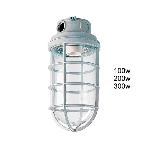 Esta imagem mostra uma luminária blindada industrial cinza voltada para baixo. A lâmpada fica protegida por um vidro transparente em formato de cápsula, envolto por uma grade metálica de proteção. O suporte de fixação é reto e discreto no topo, ideal para instalação em tetos.