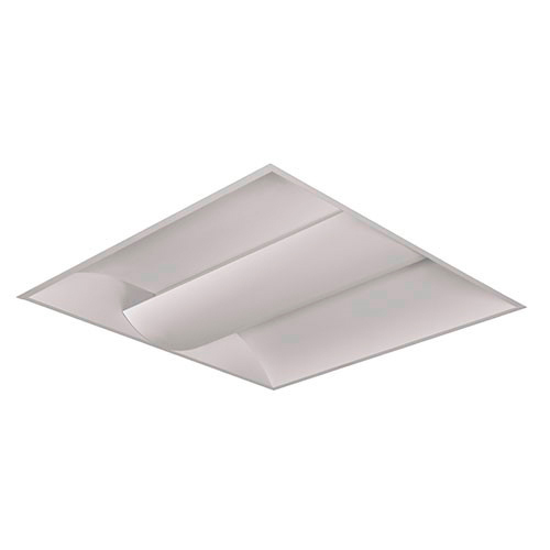 Esta é uma luminária de embutir quadrada, comum em tetos de escritórios. Ela possui um design moderno com três divisões suaves e curvas que lembram ondas. A cor é branca, feita para proporcionar uma iluminação indireta, confortável e sem ofuscamento aos olhos.