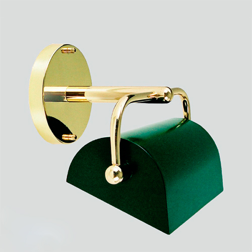Esta é uma arandela de parede estilo "Banqueiro". Possui uma base redonda e braço em metal dourado brilhante. Na ponta, há uma cúpula de vidro verde esmeralda em formato de semicilindro, que pode ser inclinada para direcionar a luz. Design clássico e elegante