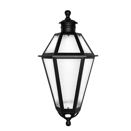 
Luminária de parede clássica (arandela) em formato de lanterna antiga. Possui estrutura de metal preto com seis faces de vidro fosco, que suaviza a luz. O design é alongado, afinando na base, com acabamentos arredondados no topo e na ponta inferior. Estilo elegante e colonial