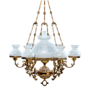 Lustre de Bronze Clássico Menino 6 Cúpulas 8cm e 1 Cúpula 30cm com 1 Manga Chaminé de Vidro