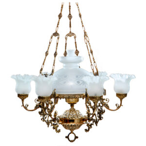 Lustre de Bronze Clássico Menino 6 Tulipas e 1 Cúpula 30cm com Manga Chaminé de Vidro