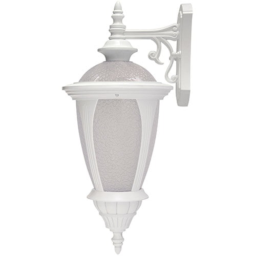 
Esta é uma arandela de parede clássica na cor branca. Possui um suporte ornamentado que sustenta uma lanterna em formato de cálice. O corpo é de vidro fosco texturizado, com detalhes metálicos trabalhados no topo e na base pontiaguda, lembrando o estilo colonial ou vitoriano.