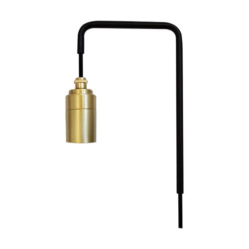 
Esta imagem mostra uma arandela de parede moderna e minimalista. Possui uma haste fina de metal preto em formato de "L" invertido. Na ponta, há um bocal cilíndrico dourado voltado para baixo, onde se encaixa a lâmpada. O design é elegante, combinando preto fosco e brilho metálico.