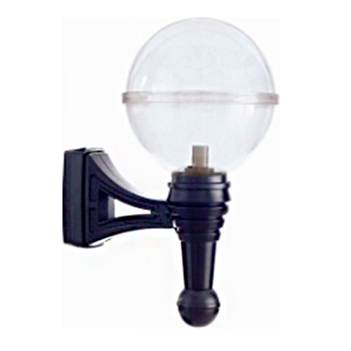 
Esta é uma arandela de parede externa. Possui uma base de fixação preta fixada à parede, com um braço curto trabalhado que sustenta um globo transparente redondo no topo. O design lembra um poste de iluminação clássico em miniatura, ideal para jardins ou fachadas.