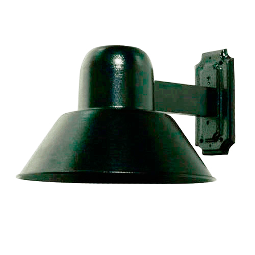 
Esta arandela preta de parede tem um estilo industrial clássico. Ela possui uma base retangular vertical e um braço reto que sustenta uma cúpula metálica opaca. O design apresenta um topo cilíndrico arredondado que se abre em um formato de cone largo, direcionando toda a luz para baixo.