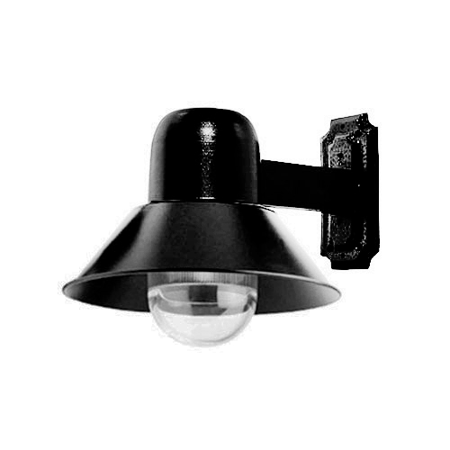 
Esta arandela preta de parede tem estilo industrial. Possui base retangular e braço reto que sustenta uma cúpula metálica preta em formato de chapéu. Diferente do modelo anterior, esta possui um bulbo de vidro transparente que sobressai da cúpula, protegendo a lâmpada.