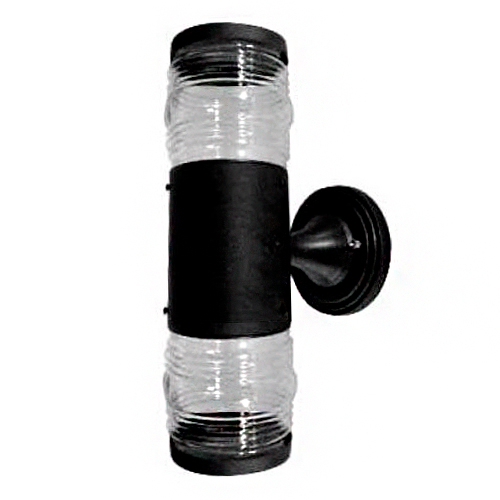 
Esta arandela preta tem design náutico duplo. Possui uma base circular e um corpo cilíndrico central preto. No topo e na base, saem globos de vidro transparente com ranhuras horizontais, permitindo que a luz brilhe para cima e para baixo simultaneamente com um toque rústico.