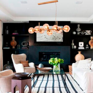 Lustre Moderno Linear Dourado com 8 Globos de Vidro Champagne