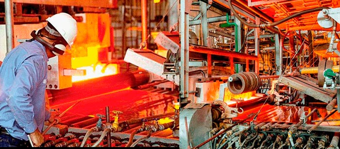 funcionário na prensa de vidro pastoso vermelho