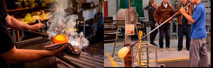 vidreiro com a cana de soprar enchendo uma bola de vidro pastoso e alisando a bola com papel