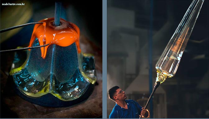 fabricando uma tulipa colocando segunda camada de vidro liquido vermelho e funcionário soprano uma tacha gigante 2 metros