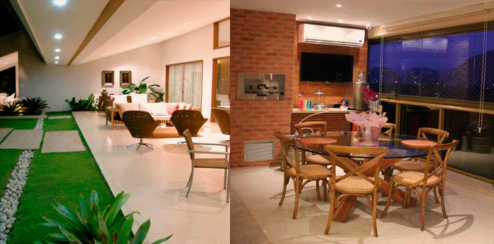 ado Esquerdo: Mostra um espaço aberto e longo, talvez uma varanda ou pátio coberto. O piso é de cerâmica clara, com caminhos de lajes brancas intercalados por faixas de grama verde e pedrinhas brancas. A área coberta tem iluminação embutida e móveis de vime/rattan claros. Lado Direito: É um espaço gourmet/jantar interno, com uma parede de tijolos aparentes onde há uma churrasqueira e uma TV. Há uma mesa redonda de vidro com cadeiras de madeira e rattan. O ambiente tem grandes janelas de vidro fechando-o, mostrando a vista noturna.