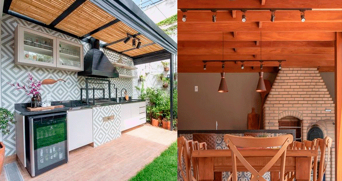  Esta é uma imagem dividida em duas áreas distintas. À esquerda, há uma varanda ou área externa ampla com piso branco e grandes placas de grama sintética separadas por pedras brancas. Há móveis de exterior em vime e um teto com iluminação embutida. O ambiente é claro, sugerindo um design moderno e arejado. À direita, há uma varanda gourmet fechada com vidro. A parede principal é de tijolos aparentes (vermelhos/laranjas), onde está instalada uma churrasqueira e uma TV. No centro, há uma mesa de jantar redonda de vidro com seis cadeiras de vime ou bambu de encosto em "X". O ambiente está mais escuro, com as luzes acesas, e a janela mostra a paisagem noturna.