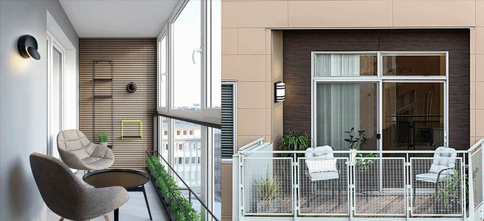 A imagem mostra duas varandas. À esquerda, uma varanda gourmet moderna, fechada com vidro, tem paredes com revestimento de madeira ripada escura, duas poltronas estofadas cinzas e plantas longas. À direita, uma varanda aberta com guarda-corpo de metal branco, piso de madeira escura e plantas baixas. Ambas têm luminárias de parede modernas.