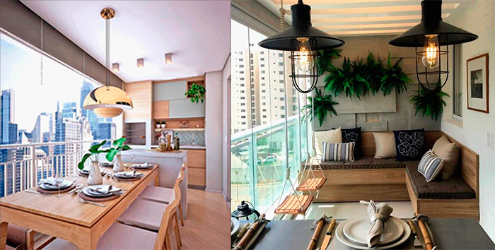 Duas varandas gourmet modernas. A da esquerda tem uma mesa de jantar de madeira clara e vista para a cidade. A da direita é mais rústica, com bancos de madeira, almofadas escuras, plantas na parede e luminárias pendentes industriais.