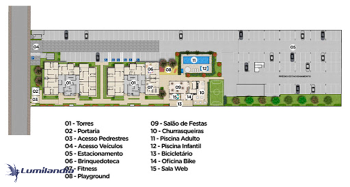 Mostra 3 Torres (01) com apartamentos, rodeadas por Estacionamento (05). As áreas comuns incluem: Portaria (02), Piscina Adulto (11) e Infantil (12), Salão de Festas (09), Churrasqueiras (10), Fitness (07), Playground (08) e Brinquedoteca (06). Há também um campo de futebol, bicicletário e Sala Web.