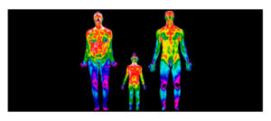 A imagem é uma termografia (mapa de calor) de três pessoas (dois adultos e uma criança) em fundo preto. As silhuetas coloridas mostram a temperatura corporal em diferentes áreas: Cores Quentes (Vermelho/Amarelo): Indicam as áreas mais quentes, como o tronco e a cabeça. Cores Frias (Azul/Roxo):