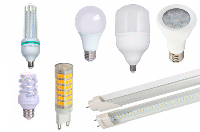 Lâmpadas com rosca (tipo E27): em formato de bulbo tradicional, espiral, e tubular alongado Lâmpada halógena bipino (pequena, retangular, com pinos). Refletor de LED. Duas barras tubulares longas de LED (para substituir as fluorescentes antigas).