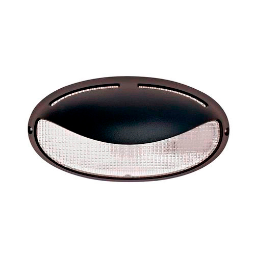
Esta arandela externa é oval e preta, com um design de "tartaruga". A metade superior é uma cobertura sólida que protege a lâmpada, enquanto a metade inferior possui um vidro quadriculado transparente que difunde a luz de forma ampla. É ideal para muros e áreas externas.