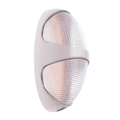 
Esta arandela externa branca é oval, estilo "tartaruga", fixada verticalmente. Possui uma faixa central sólida que atravessa o corpo, enquanto as partes superior e inferior são feitas de vidro prismático translúcido que difunde a luz por todo o ambiente.