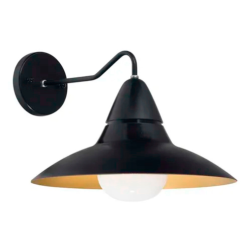 
Esta arandela tem estilo retrô e industrial. Possui base de fixação redonda e braço metálico fino, ambos pretos. A cúpula metálica preta tem formato de chapéu largo com interior acobreado. No centro, sobressai uma lâmpada em formato de globo branco fosco, criando uma luz suave e direta.