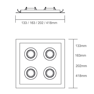 Luminária de Teto Spot Embutido Quadrado Recuado para 4 Lâmpadas