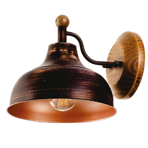 
Arandela estilo industrial/vintage. Possui cúpula de metal em tom cobre envelhecido e interior brilhante. É fixada à parede por uma base circular de madeira clara, conectada por um braço metálico curvo. No topo da cúpula, há um detalhe decorativo em madeira. Inclui lâmpada de filamento.