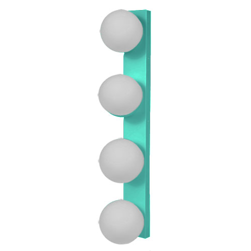 
As imagens mostram arandelas de estilo camarim com base metálica retangular e vertical. Elas vêm em cores como vinho, cinza, âmbar e rosa, com 1 a 4 globos de vidro branco fosco alinhados. Os modelos com menos lâmpadas incluem um interruptor redondo na parte inferior da base.