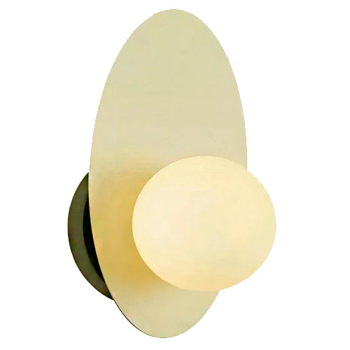 
Esta arandela minimalista possui uma base oval vertical em tom creme suave, fixada à parede. À frente dessa placa, uma lâmpada em formato de globo branco fosco emite uma luz difusa e acolhedora. O design é limpo, moderno e foca em formas geométricas suaves.