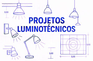 A imagem é um esboço em traço azul com fundo branco sobre "PROJETOS LUMINOTÉCNICOS". Mostra vários tipos de luminárias (pendentes, arandelas, abajur) emitindo luz e, no canto inferior direito, um diagrama técnico quadriculado com círculos concêntricos e medidas (5,00 e 5,00)