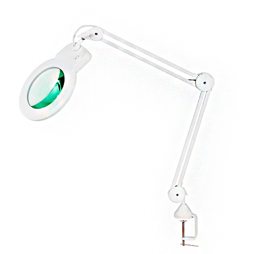 Possui uma lente de aumento circular com uma moldura, presa a um braço articulado longo. Na extremidade oposta, há uma garra de fixação (clamp), usada para prendê-la em mesas ou bancadas. É comumente usada para trabalhos detalhados, como eletrônica, artesanato ou estética, pois amplia e ilumina o objeto.