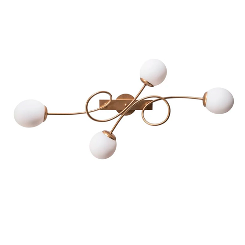 
Esta luminária de teto dourada possui uma base central retangular de onde saem hastes finas em curvas orgânicas e laços. Quatro globos de vidro branco fosco estão distribuídos nas extremidades, apontando para direções diferentes, criando um design artístico e dinâmico.