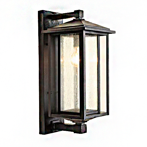 Esta é uma arandela externa de parede com design clássico e industrial. Possui formato retangular vertical em metal preto e painéis de vidro transparente com textura pontilhada. Uma lâmpada de luz quente brilha no interior, fixada por suportes retos à base traseira.