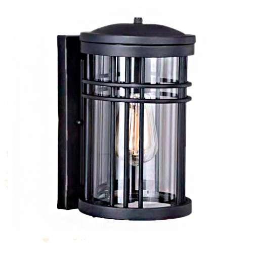 
Arandela de parede externa em estilo industrial ou colonial. Tem formato cilíndrico, com estrutura de metal preto fosco e grades verticais protegendo um vidro transparente. No interior, há uma lâmpada de filamento visível. A base e o topo são circulares e a fixação é retangular.