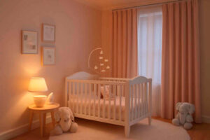 É um quarto de bebê aconchegante, iluminado por uma luz quente e suave. No centro, há um berço branco com um móbile pendurado. Ao lado esquerdo, uma luminária sobre uma pequena mesa. O quarto tem cortinas cor-de-rosa/salmão e um tapete claro. Há bichos de pelúcia (elefantes ou coelhos) no chão. A decoração é minimalista e calma.