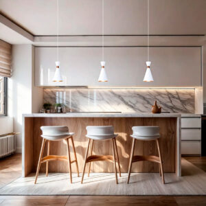 cosinha com 3 pendentes iguais em uma bamcada