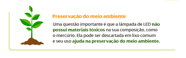  A imagem mostra um broto verde crescendo na terra ao lado de um texto sobre a "Preservação do meio ambiente". O texto diz que lâmpadas de LED não possuem materiais tóxicos como mercúrio, podem ser descartadas no lixo comum e seu uso ajuda na preservação ambiental.